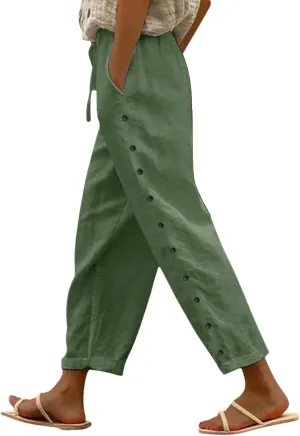 Womens Casual Pants Side Button Summer Trendy Linen Pant Drawstring Elastic Waist Straight Leg Baggy Cropped Trousers