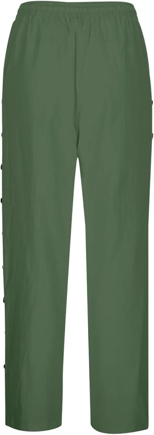 Womens Casual Pants Side Button Summer Trendy Linen Pant Drawstring Elastic Waist Straight Leg Baggy Cropped Trousers