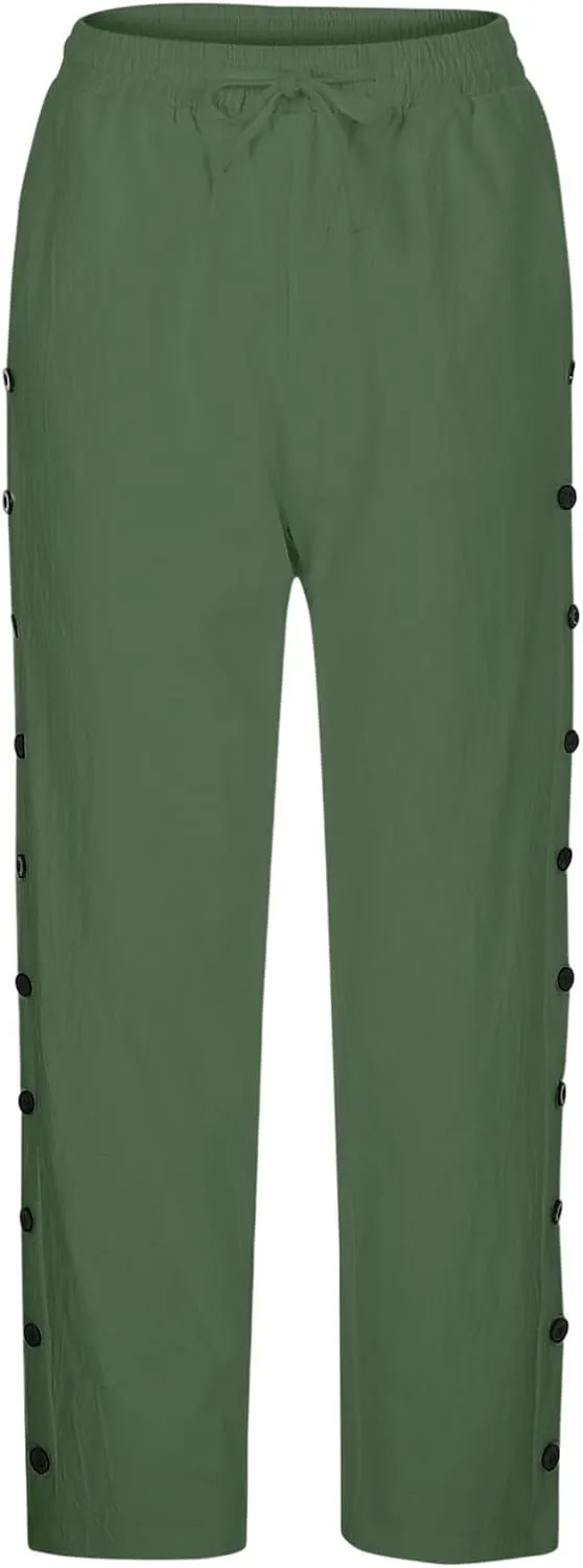 Womens Casual Pants Side Button Summer Trendy Linen Pant Drawstring Elastic Waist Straight Leg Baggy Cropped Trousers