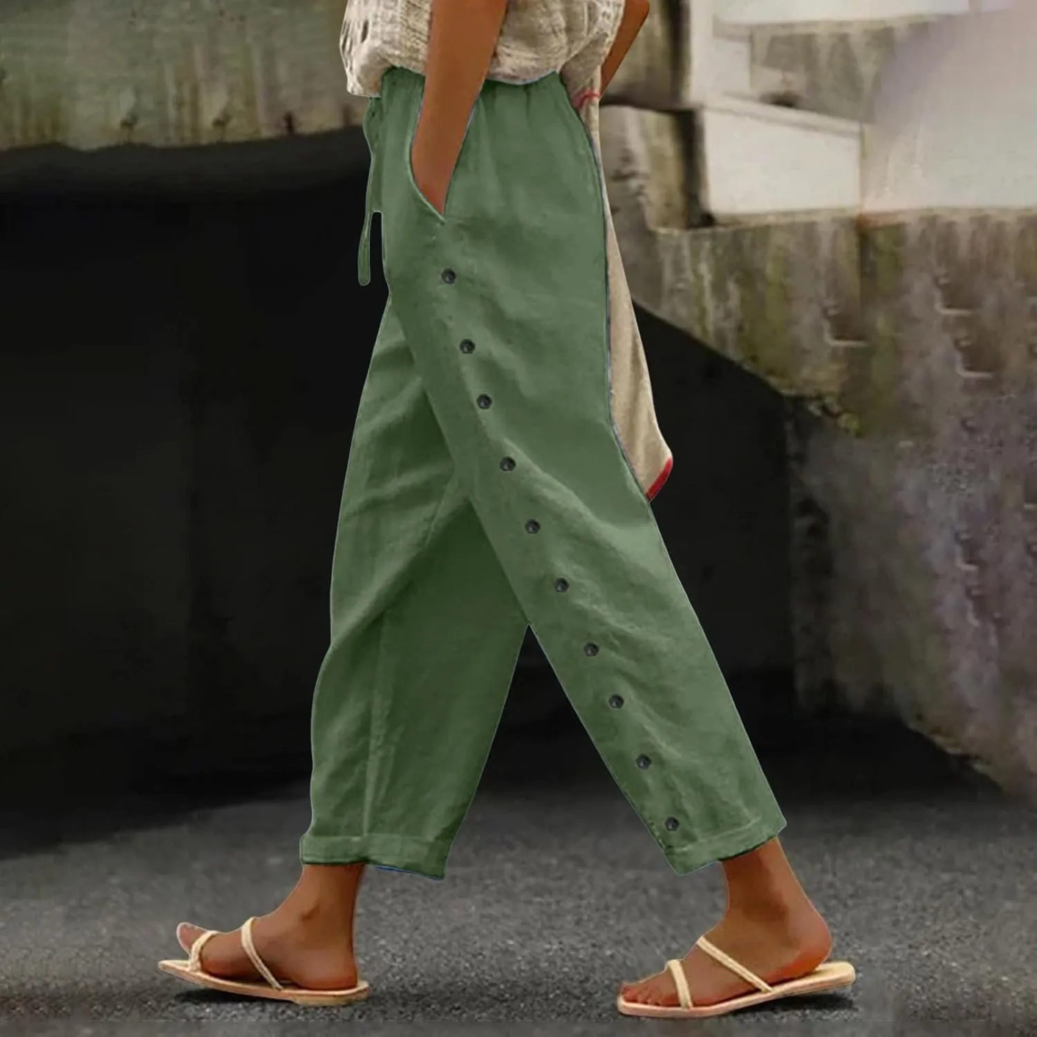 Womens Casual Pants Side Button Summer Trendy Linen Pant Drawstring Elastic Waist Straight Leg Baggy Cropped Trousers