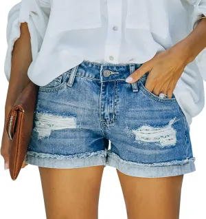 Womens Casual Stretch Denim Jean Shorts with Button Pockets for Summer