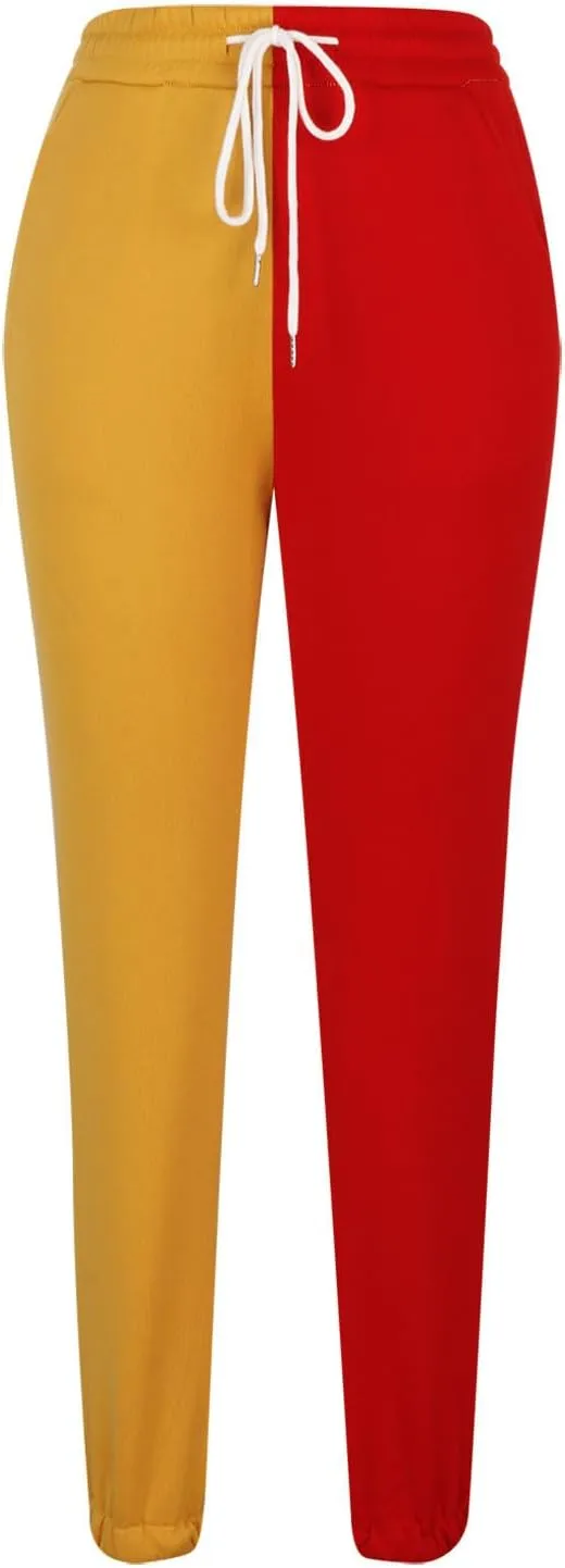 Women's Color Block Sweatpants Patchwork Trouser Elastic High Waist Joggers Baggy Pants with Multi-Pockets