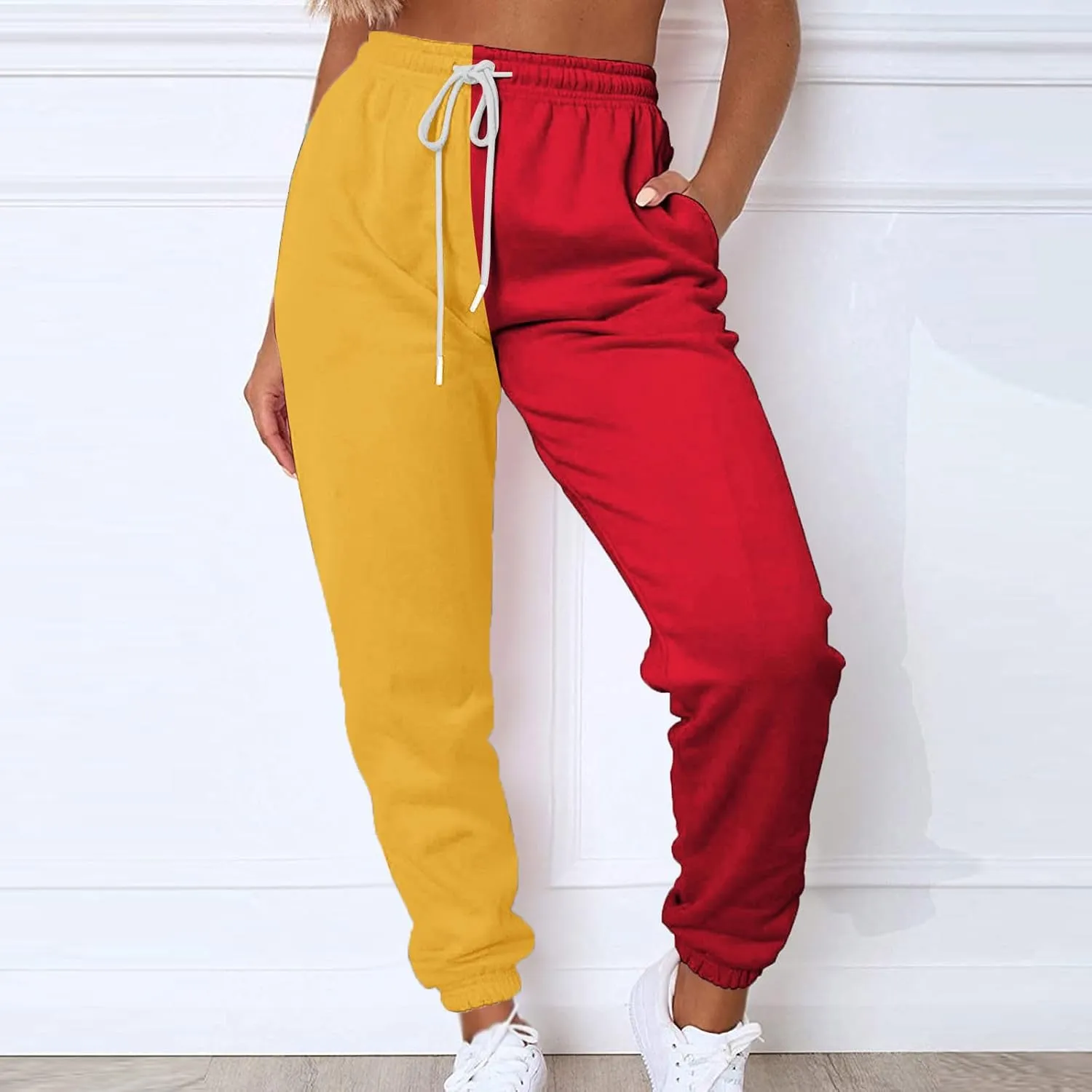 Women's Color Block Sweatpants Patchwork Trouser Elastic High Waist Joggers Baggy Pants with Multi-Pockets