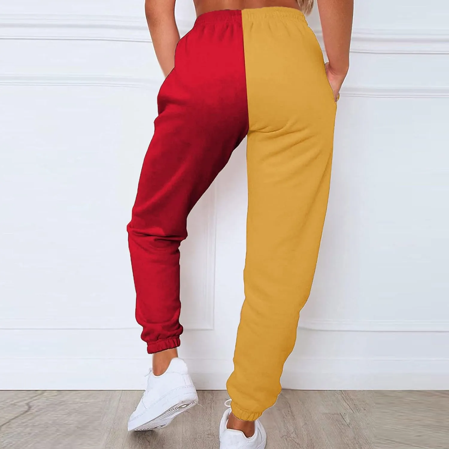 Women's Color Block Sweatpants Patchwork Trouser Elastic High Waist Joggers Baggy Pants with Multi-Pockets