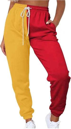 Women's Color Block Sweatpants Patchwork Trouser Elastic High Waist Joggers Baggy Pants with Multi-Pockets