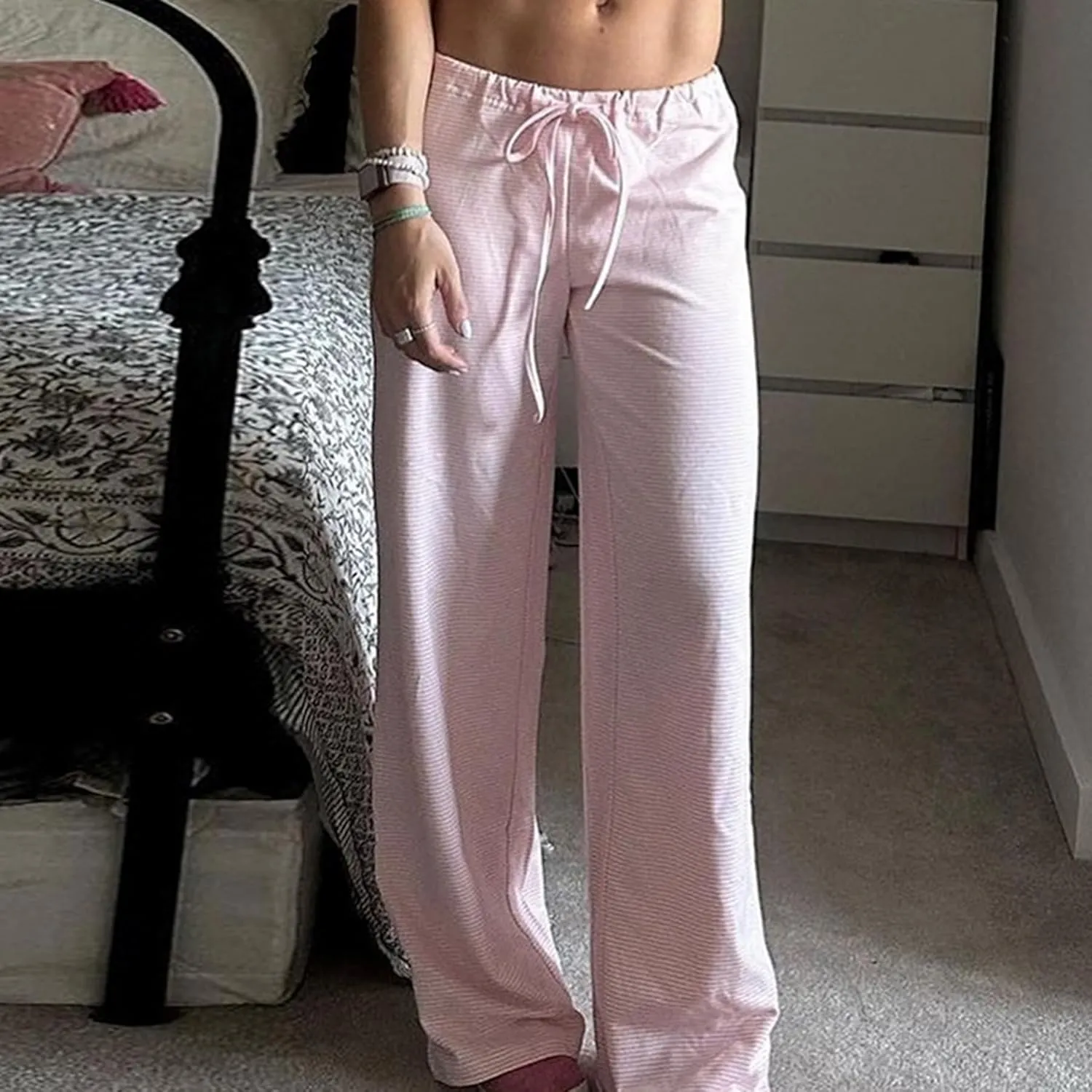 Women's Comfy Pajama Loose Casual Drawstring Lounge Pants - Striped Print Stretch Wide Leg