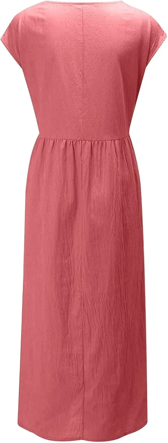 Women's Cotton Linen Dress Short Sleeve Midi Casual Plus Size Tunic Dress with Pockets Loose Plain Pleated Skirts