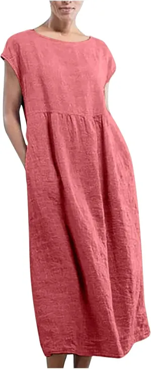 Women's Cotton Linen Dress Short Sleeve Midi Casual Plus Size Tunic Dress with Pockets Loose Plain Pleated Skirts