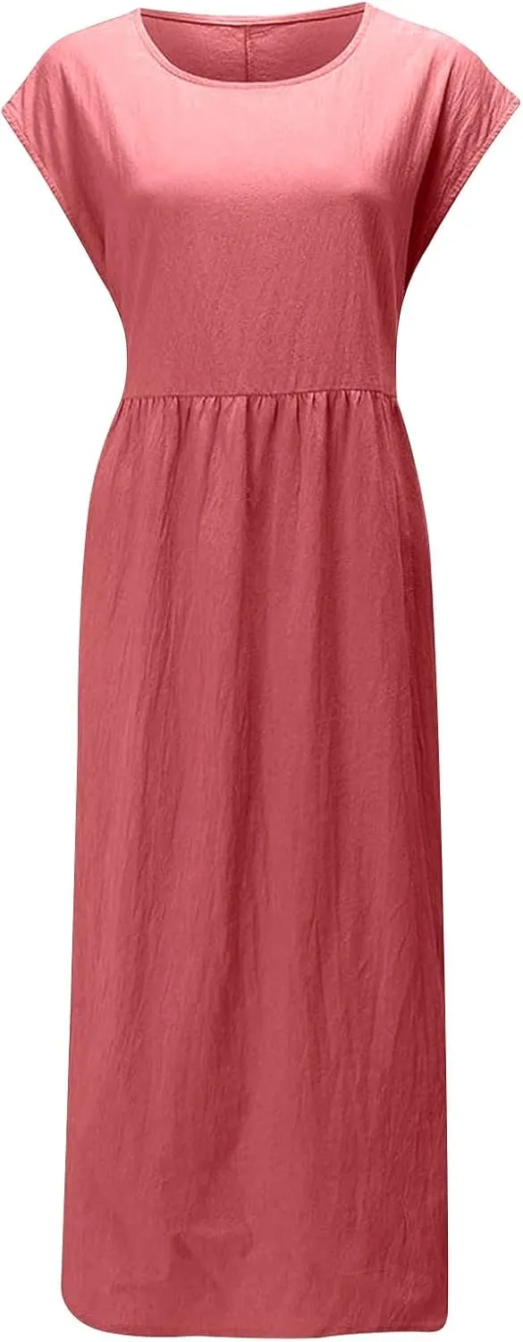 Women's Cotton Linen Dress Short Sleeve Midi Casual Plus Size Tunic Dress with Pockets Loose Plain Pleated Skirts