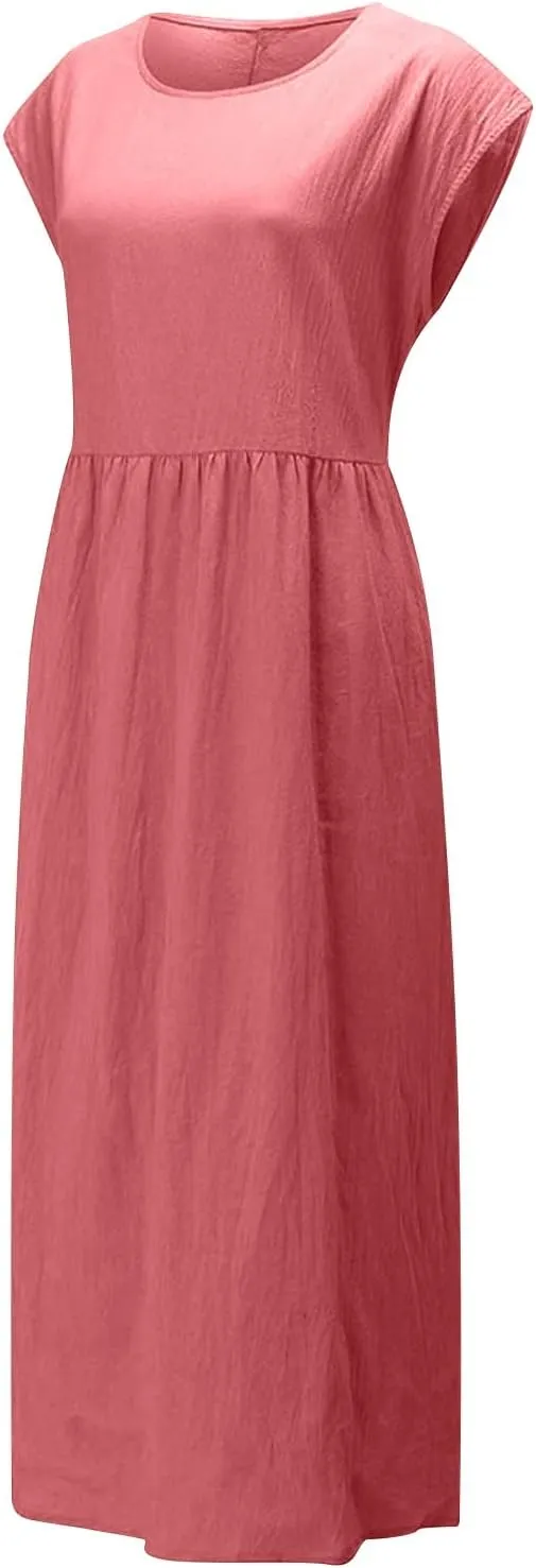 Women's Cotton Linen Dress Short Sleeve Midi Casual Plus Size Tunic Dress with Pockets Loose Plain Pleated Skirts
