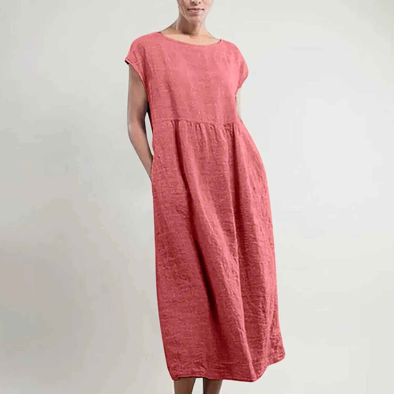 Women's Cotton Linen Dress Short Sleeve Midi Casual Plus Size Tunic Dress with Pockets Loose Plain Pleated Skirts