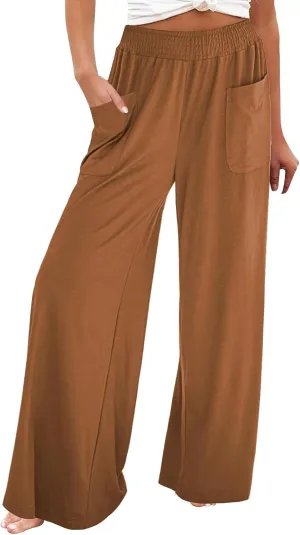Womens Cotton Linen Elastic High Waist Palazzo Pants Wide Leg Loose Flowy Trousers with Pockets Lightweight Lounge Pants