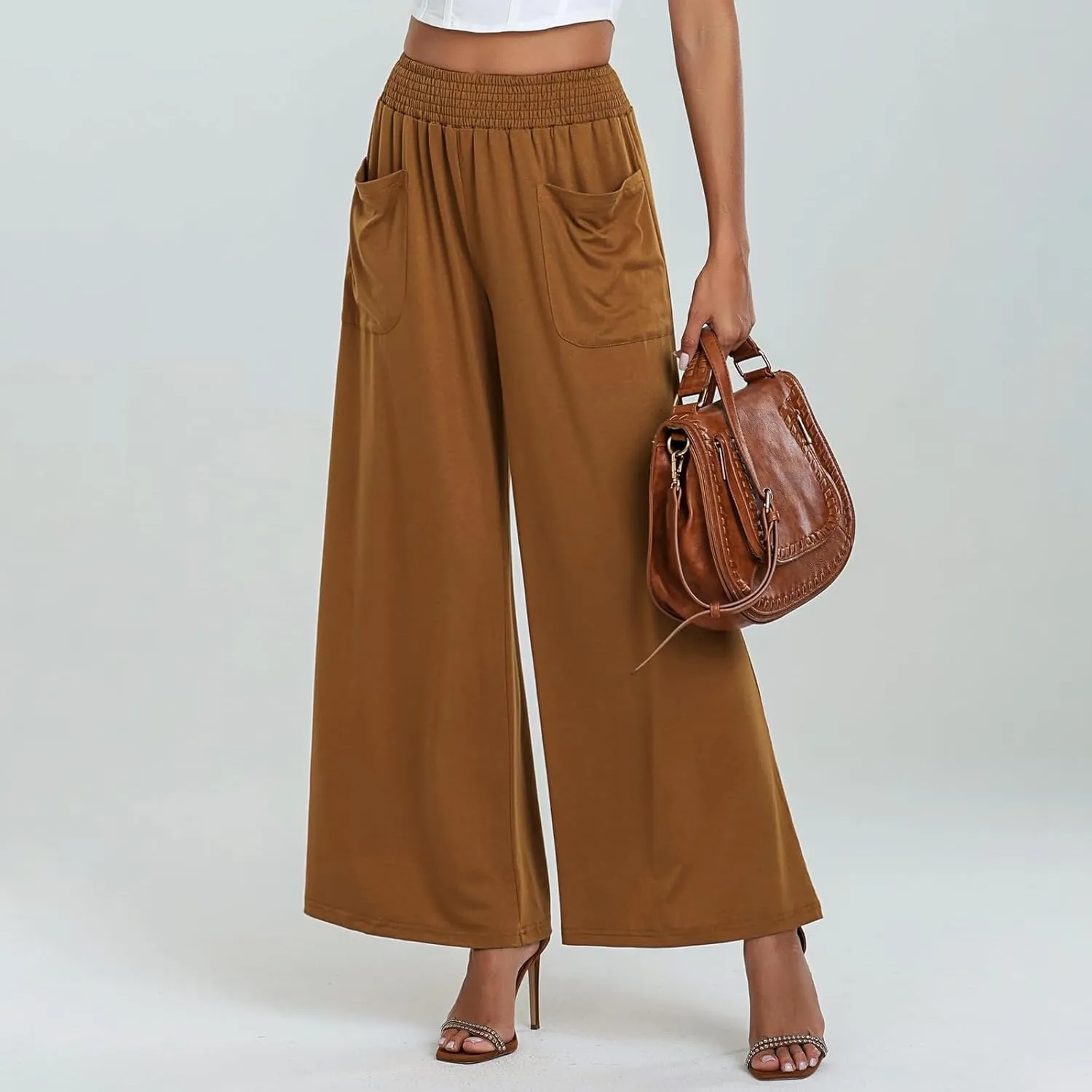 Womens Cotton Linen Elastic High Waist Palazzo Pants Wide Leg Loose Flowy Trousers with Pockets Lightweight Lounge Pants