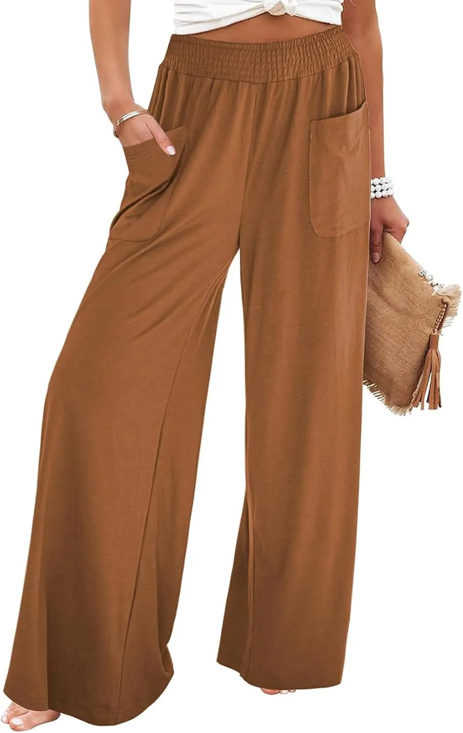 Womens Cotton Linen Elastic High Waist Palazzo Pants Wide Leg Loose Flowy Trousers with Pockets Lightweight Lounge Pants