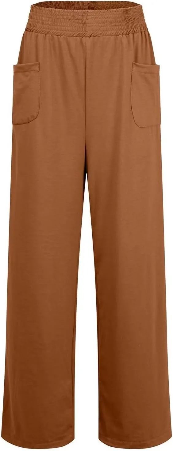 Womens Cotton Linen Elastic High Waist Palazzo Pants Wide Leg Loose Flowy Trousers with Pockets Lightweight Lounge Pants