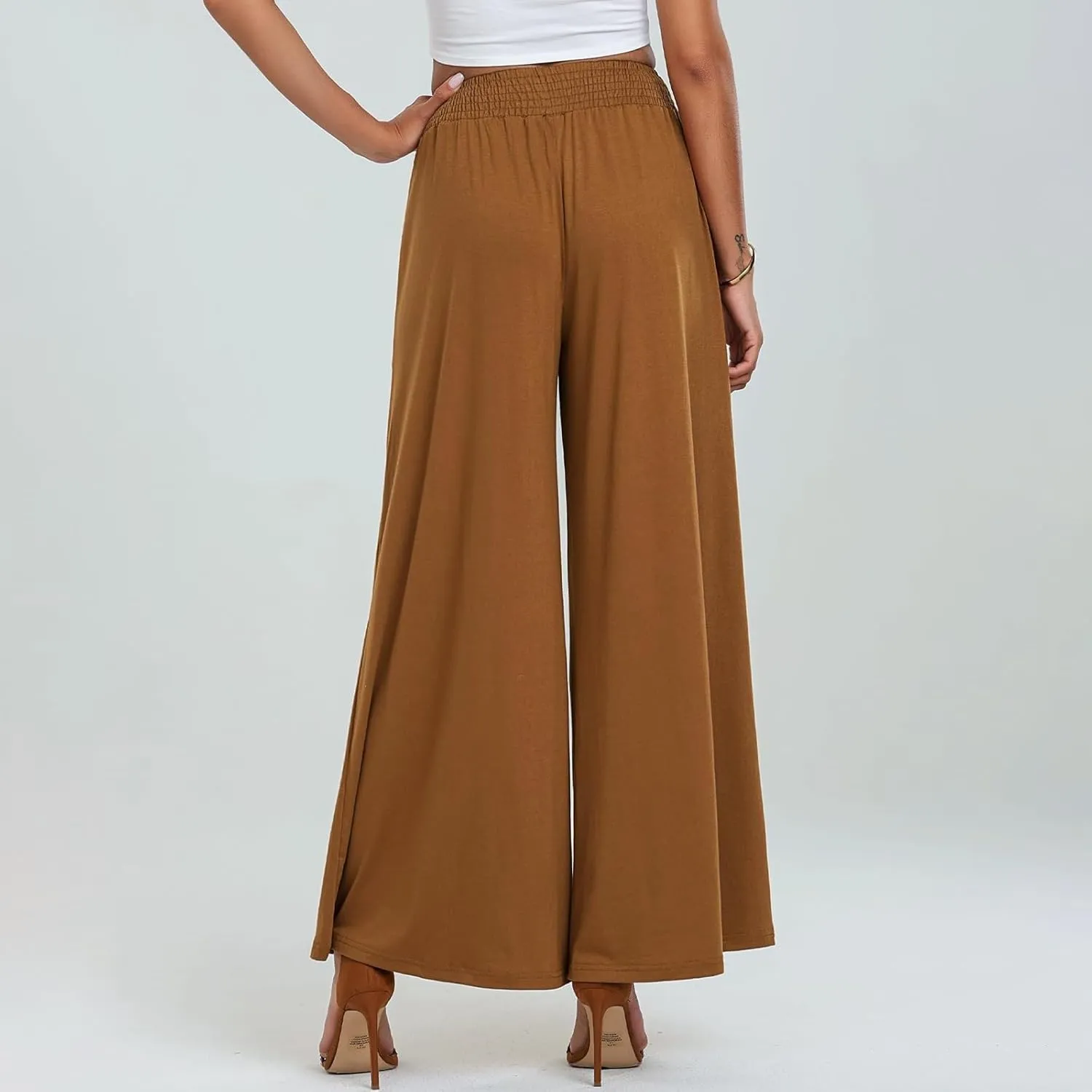 Womens Cotton Linen Elastic High Waist Palazzo Pants Wide Leg Loose Flowy Trousers with Pockets Lightweight Lounge Pants