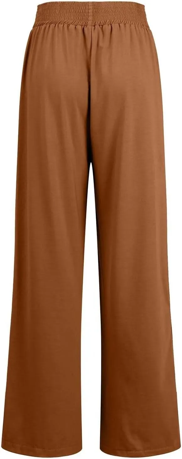 Womens Cotton Linen Elastic High Waist Palazzo Pants Wide Leg Loose Flowy Trousers with Pockets Lightweight Lounge Pants