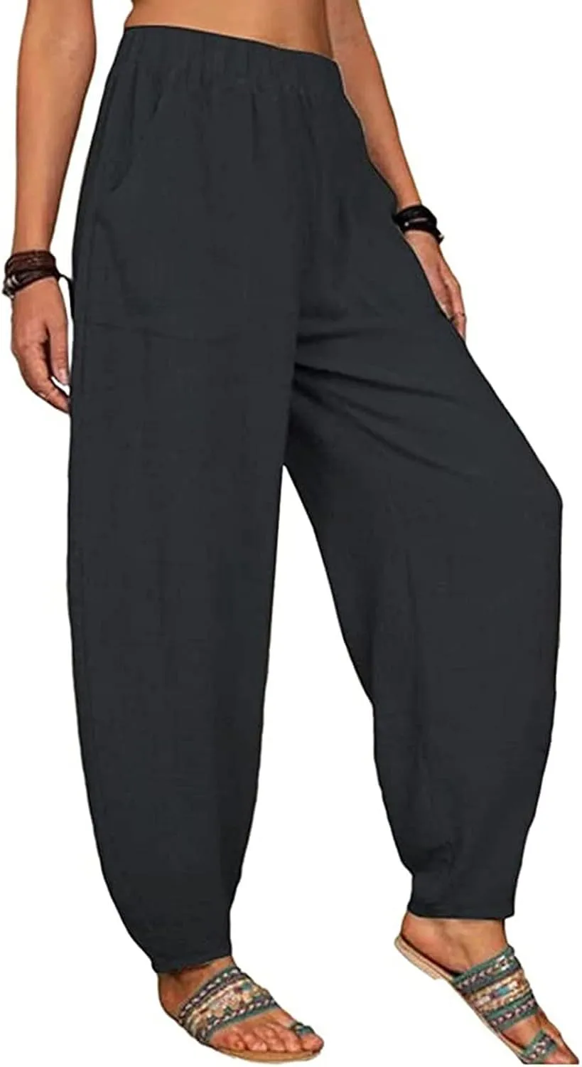 Women's Cotton Linen Harem Pants Casual Loose Fit High Waisted Pants Trousers Summer Outfits 2025 Trendy with Pockets