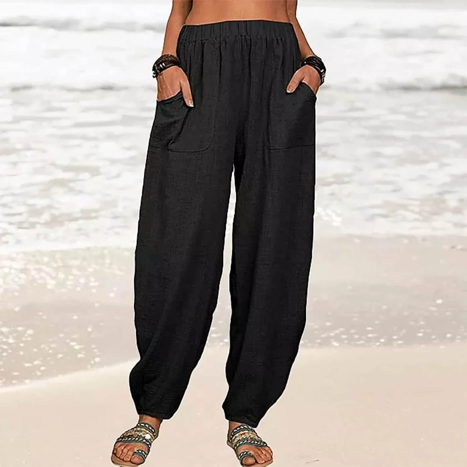 Women's Cotton Linen Harem Pants Casual Loose Fit High Waisted Pants Trousers Summer Outfits 2025 Trendy with Pockets