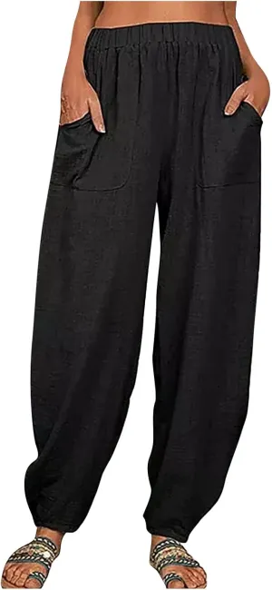 Women's Cotton Linen Harem Pants Casual Loose Fit High Waisted Pants Trousers Summer Outfits 2025 Trendy with Pockets