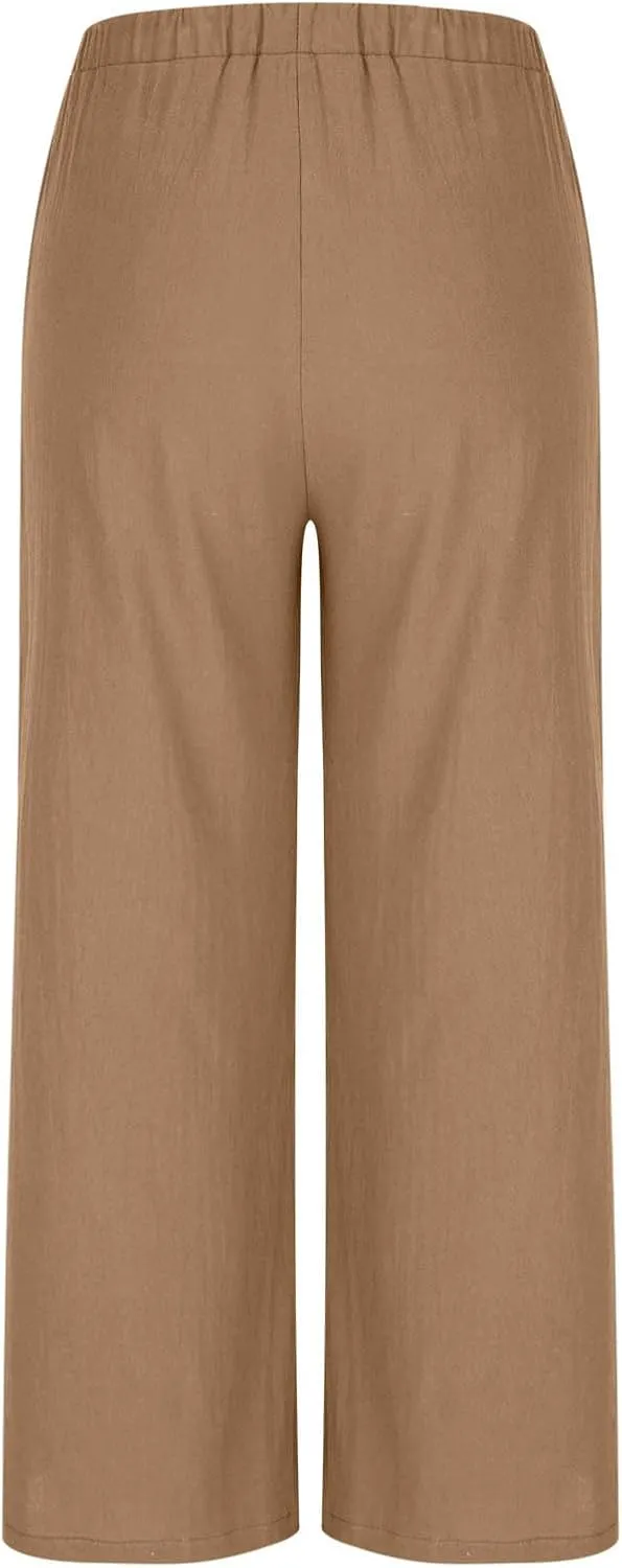 Womens Cotton Linen Palazzo Pants Drawstring Elastic High Waist Casual Wide Leg Trousers Summer Bech Slacks