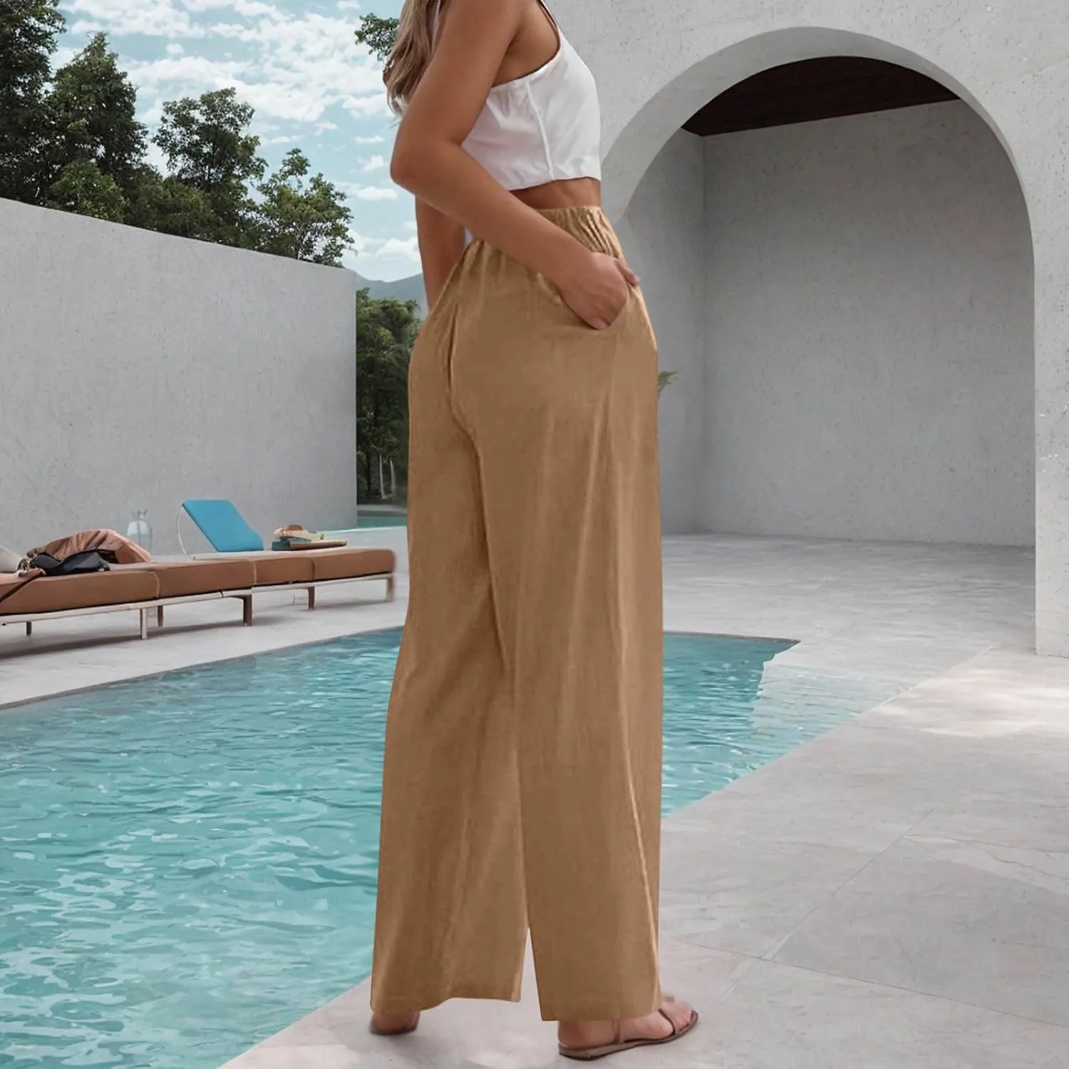 Womens Cotton Linen Palazzo Pants Drawstring Elastic High Waist Casual Wide Leg Trousers Summer Bech Slacks