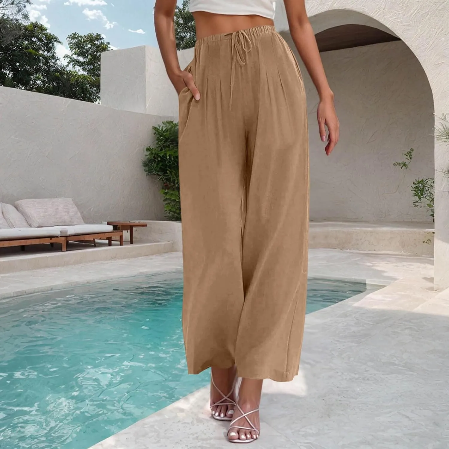 Womens Cotton Linen Palazzo Pants Drawstring Elastic High Waist Casual Wide Leg Trousers Summer Bech Slacks