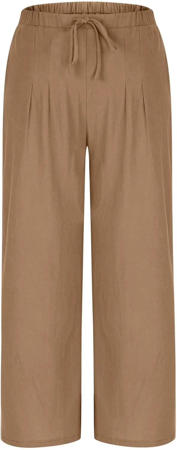 Womens Cotton Linen Palazzo Pants Drawstring Elastic High Waist Casual Wide Leg Trousers Summer Bech Slacks