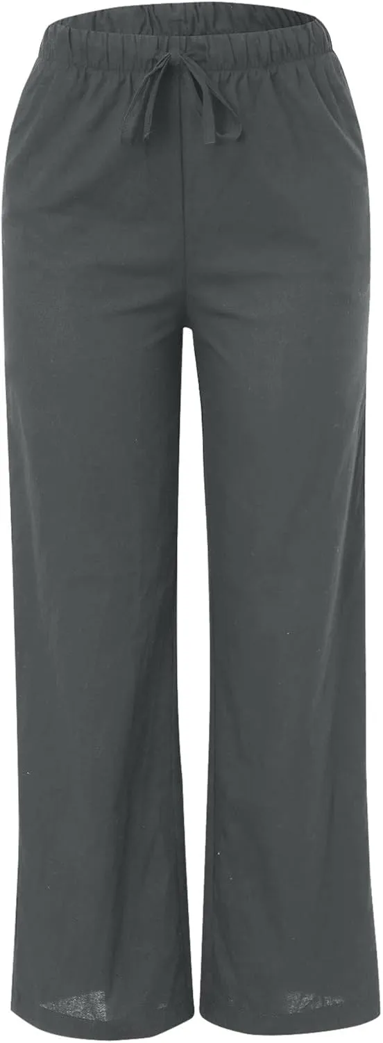 Womens Cotton Linen Palazzo Pants Drawstring Elastic Waist Casual Wide Leg Pants with Pockets Summer Loose Boho Beach Pants