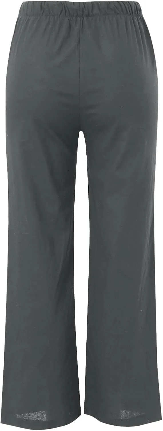Womens Cotton Linen Palazzo Pants Drawstring Elastic Waist Casual Wide Leg Pants with Pockets Summer Loose Boho Beach Pants