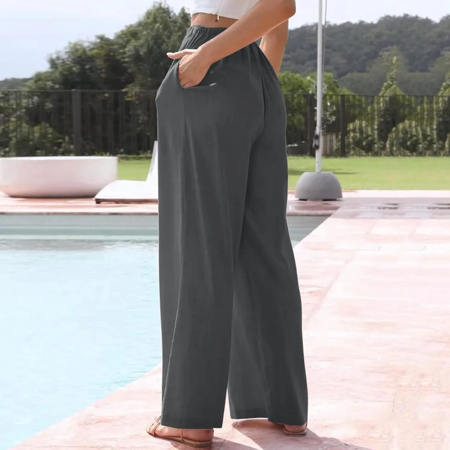 Womens Cotton Linen Palazzo Pants Drawstring Elastic Waist Casual Wide Leg Pants with Pockets Summer Loose Boho Beach Pants