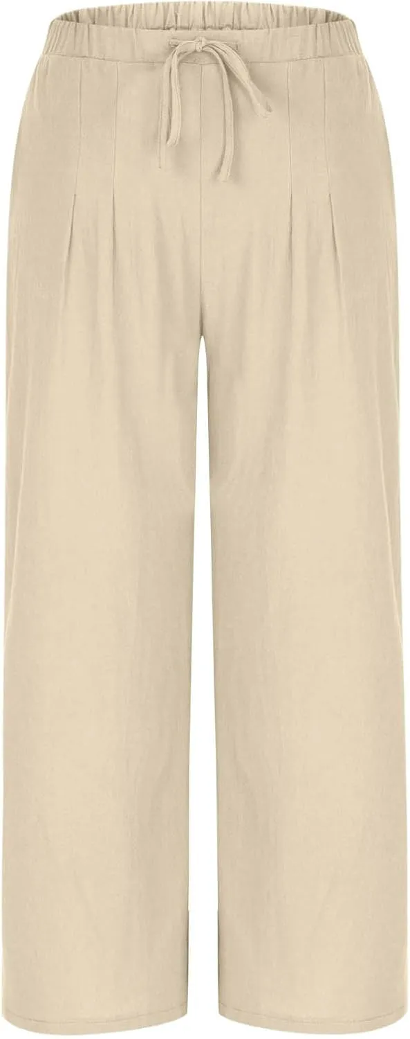 Women's Cotton Linen Pants Summer Drawstring Palazzo Pants Flowy Wide Leg Pants Beach Vacation Clothes with Pockets
