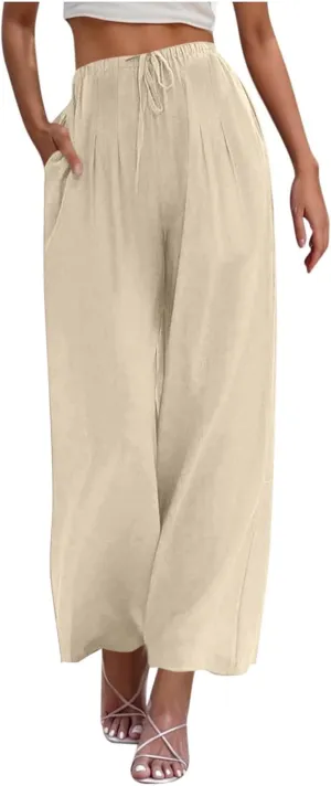 Women's Cotton Linen Pants Summer Drawstring Palazzo Pants Flowy Wide Leg Pants Beach Vacation Clothes with Pockets