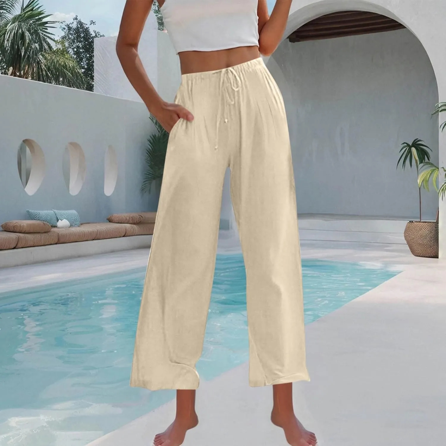 Women's Cotton Linen Pants Summer Drawstring Palazzo Pants Flowy Wide Leg Pants Beach Vacation Clothes with Pockets