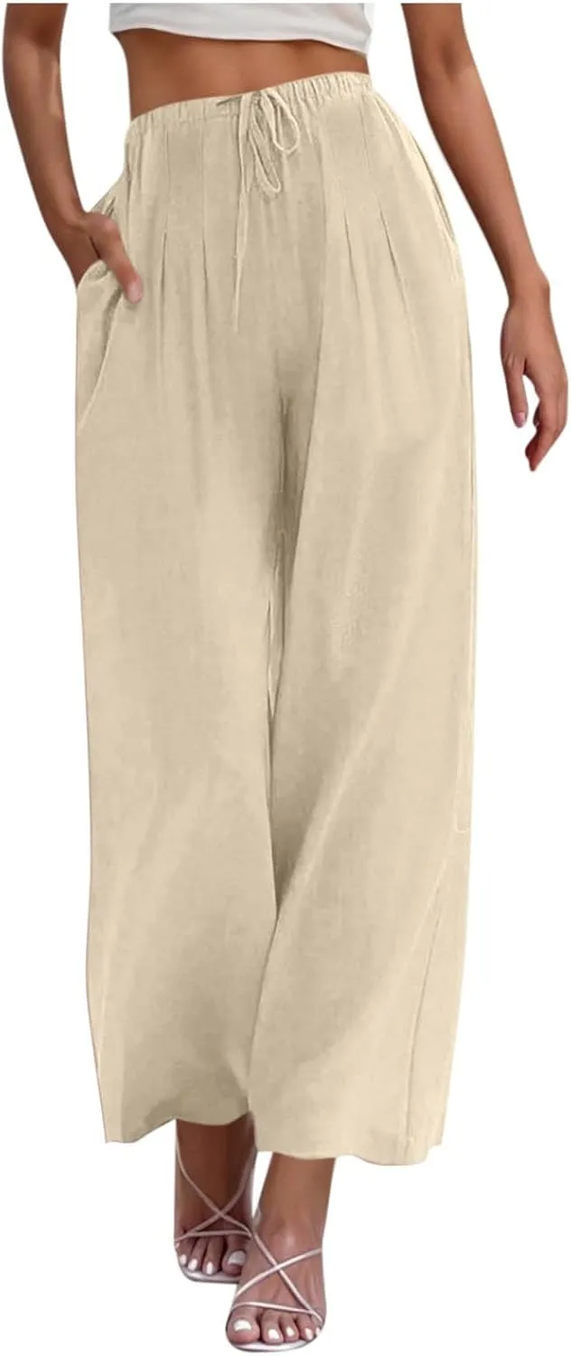 Women's Cotton Linen Pants Summer Drawstring Palazzo Pants Flowy Wide Leg Pants Beach Vacation Clothes with Pockets
