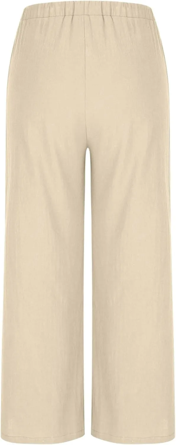 Women's Cotton Linen Pants Summer Drawstring Palazzo Pants Flowy Wide Leg Pants Beach Vacation Clothes with Pockets