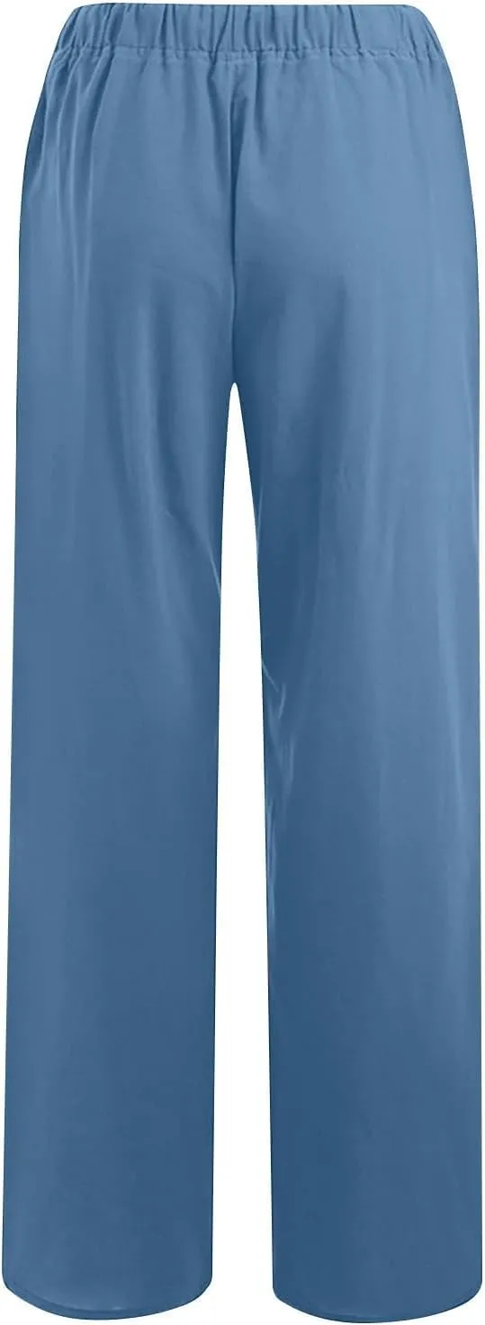 Women's Cotton Linen Pants,Summer Wide Leg Casual Loose Drawstring High Waist Palazzo Pants with Pockets