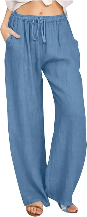 Women's Cotton Linen Pants,Summer Wide Leg Casual Loose Drawstring High Waist Palazzo Pants with Pockets