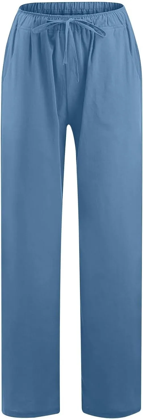 Women's Cotton Linen Pants,Summer Wide Leg Casual Loose Drawstring High Waist Palazzo Pants with Pockets