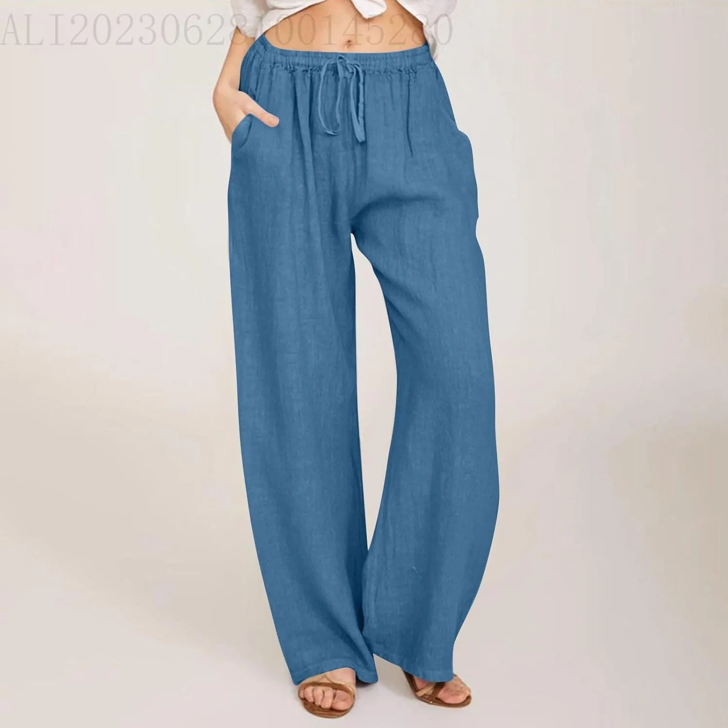 Women's Cotton Linen Pants,Summer Wide Leg Casual Loose Drawstring High Waist Palazzo Pants with Pockets