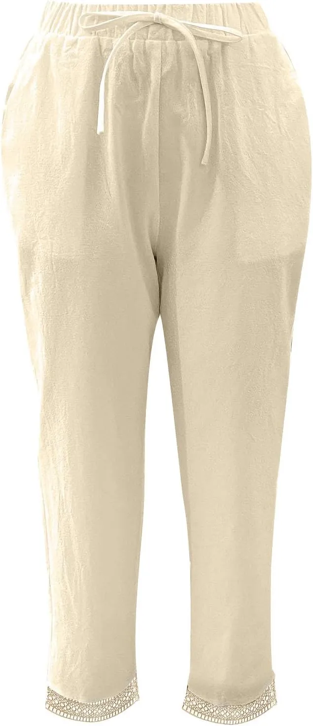 Women's Cotton Linen Straight Leg Pants Elastic Drawstring Casual Trousers with Pockets Summer Beach Lounge Lace