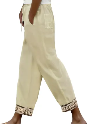 Women's Cotton Linen Straight Leg Pants Elastic Drawstring Casual Trousers with Pockets Summer Beach Lounge Lace