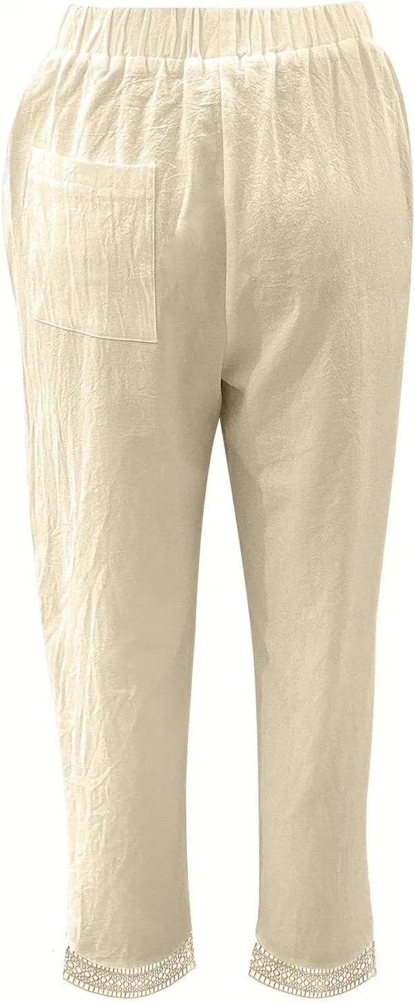 Women's Cotton Linen Straight Leg Pants Elastic Drawstring Casual Trousers with Pockets Summer Beach Lounge Lace