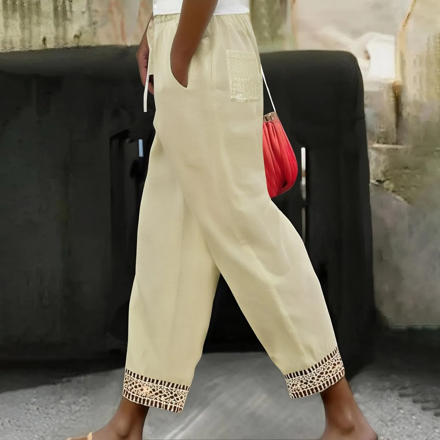 Women's Cotton Linen Straight Leg Pants Elastic Drawstring Casual Trousers with Pockets Summer Beach Lounge Lace