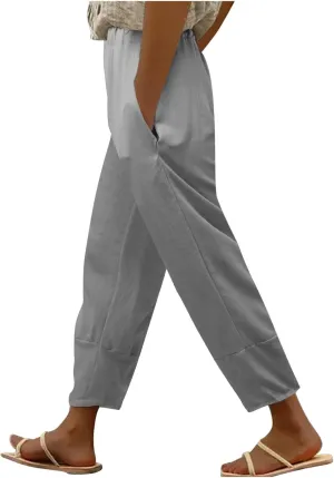 Womens Cotton Linen Summer Baggy Palazzo Lounge Pants Elastic Waist Bootcut Loose Fit Pants Business Work