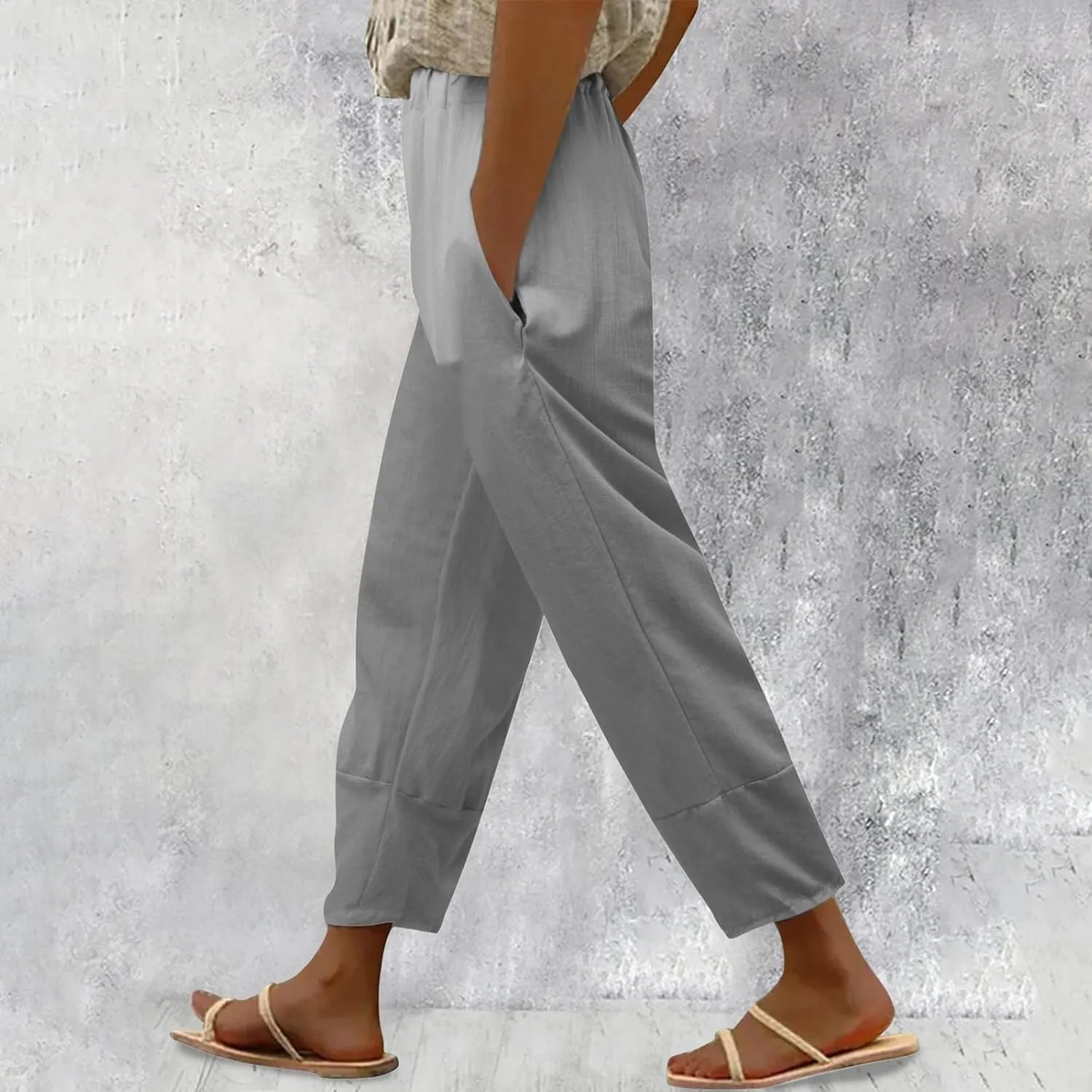 Womens Cotton Linen Summer Baggy Palazzo Lounge Pants Elastic Waist Bootcut Loose Fit Pants Business Work