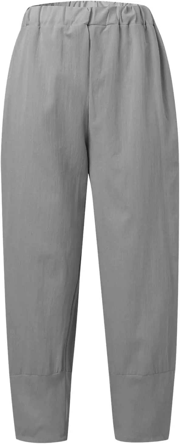 Womens Cotton Linen Summer Baggy Palazzo Lounge Pants Elastic Waist Bootcut Loose Fit Pants Business Work