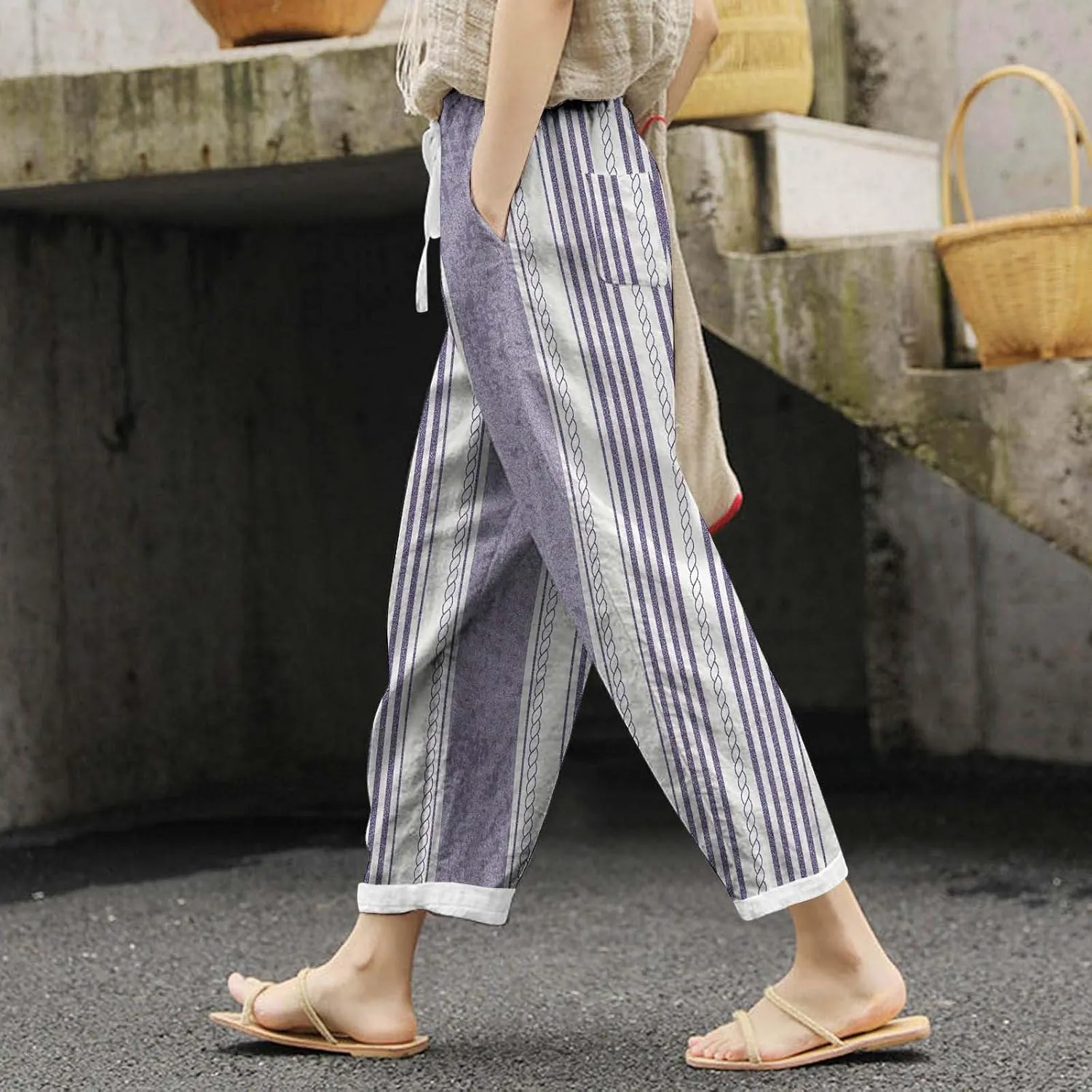 Women's Cotton Linen Summer Casual Loose Pants Elastic Waist Straight Loose Fit Trouser Office