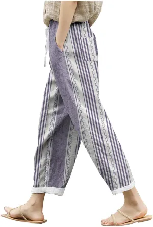 Women's Cotton Linen Summer Casual Loose Pants Elastic Waist Straight Loose Fit Trouser Office