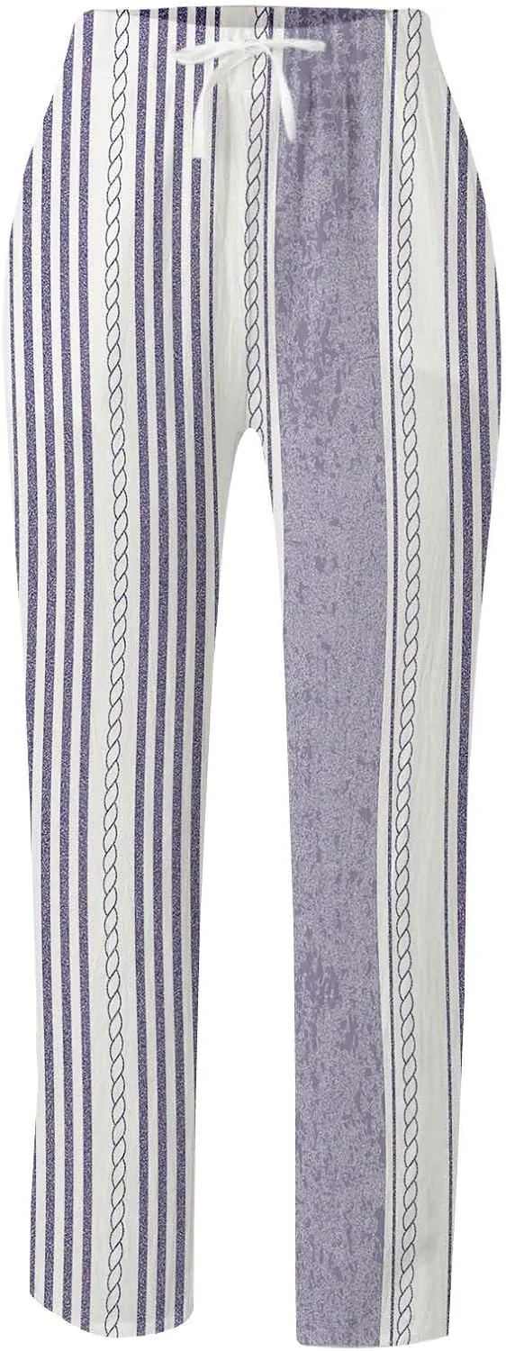 Women's Cotton Linen Summer Casual Loose Pants Elastic Waist Straight Loose Fit Trouser Office